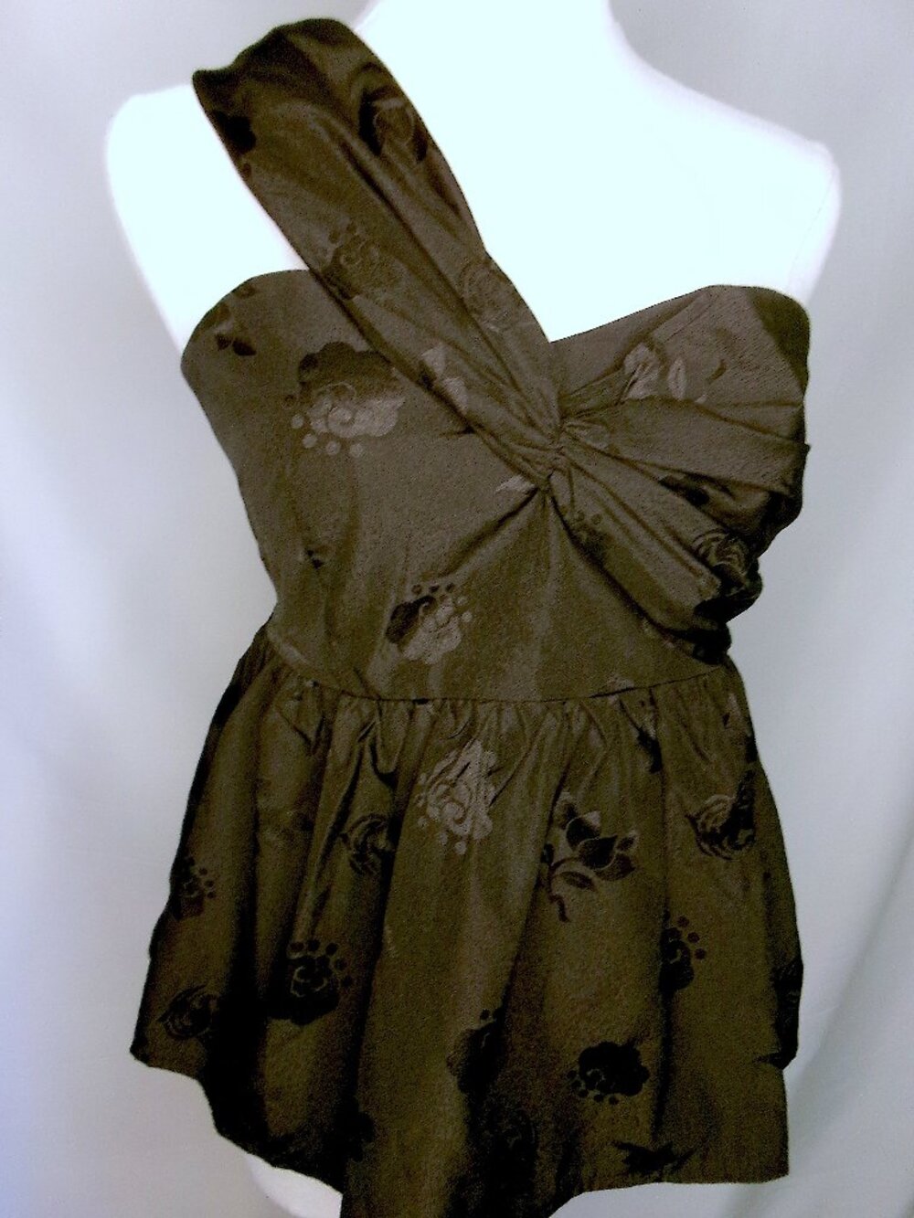 Amy Enjoy Life One Shoulder Black Floral Jacquard Bubble Hem Top Size M